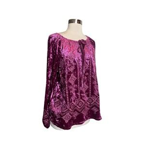 Savanna Jane Velvet Embroidered Top Large Magenta Pink Peasant Blouse